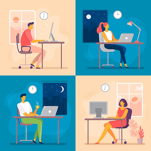 Day or night work. Working late, overtime office works and computer worker nights. Lark and owl workflow, professional businesswoman daily routine or businessman deadline flat vector illustration