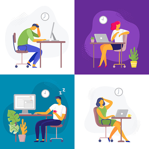 Working late. Overtime work, busy workaholic worker and employees with office laptops. Deadline, graphic designer professionals lifestyle or stressed employee flat vector illustration set