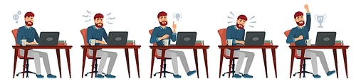 Man working on laptop. Office worker have idea, works with laptop and enjoys success. Work process, bearded programer cartoon vector illustration. Clerk or employee sitting at desk with computer.