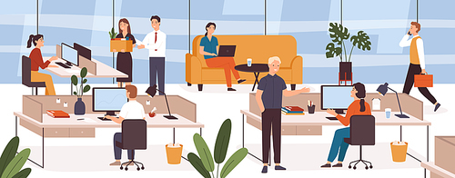 Busy people in office. Company modern workplace interior with employees sitting tables and computers. Scene with work process vector concept. Female and male colleagues working in open space