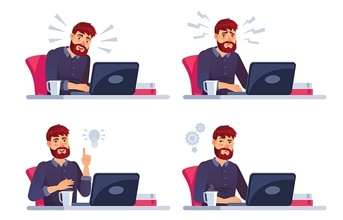 Man working on laptop. Man work at computer, business character in office, programmer at workspace. Vector illustration