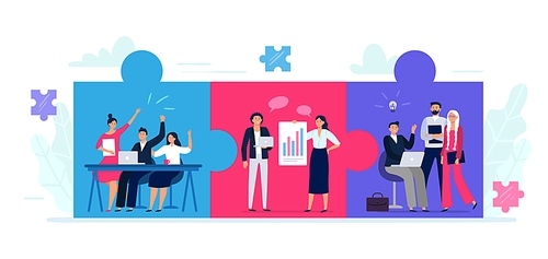 Connected teams puzzle. Office workers team cooperation, teamwork collaboration and business partnership. People work together. Jigsaw puzzle communication strategy metaphor flat vector illustration