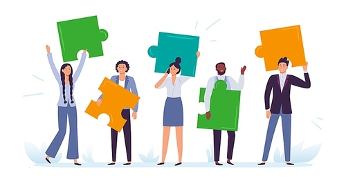 Business team with puzzle pieces. Office workers solve puzzle, employee cooperation and teamwork communication. Together cooperation solutions, teams brainstorming flat vector illustration