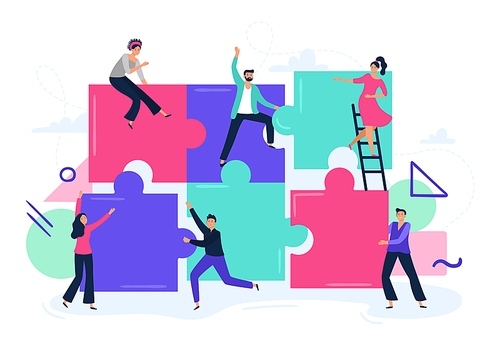 Puzzle teamwork. People work together and connect puzzle pieces, business office workers team cooperation. Teamwork partnership metaphor, workers unity flat vector illustration