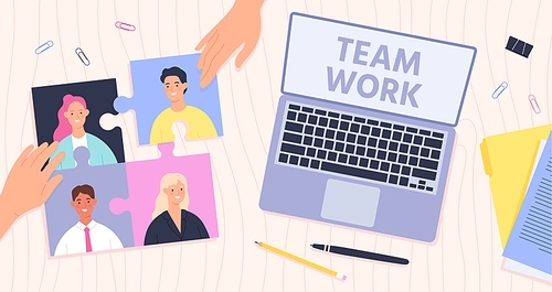Team work management. Leader connect employees for effective teamwork. Office desk top view, hands and puzzle with workers, vector concept teamwork, puzzle corporate company illustration