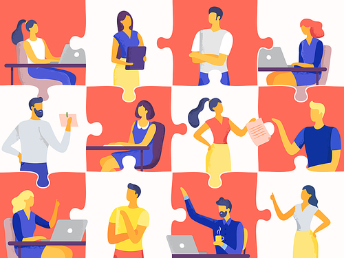 Business team puzzle. Professional people jigsaw, teamwork mosaic and office workers. Team goal training, business meeting or puzzle collaborative metaphor flat vector illustration