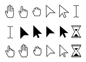 Pointer cursor icons. Web arrows cursors, mouse clicking and grab hand pixel icon. Computer pointers, internet cursor click. Vector isolated symbols collection