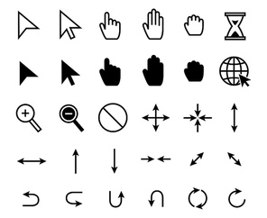 Cursor icons. Web pointer clicking, scale arrow and magnifier icon. Grab hand, pointing arrows and hourglass loading. Click cursor button, mouse pointer arrow. Vector isolated symbols set