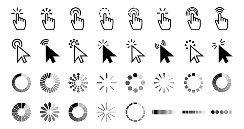 Pointer click icon. Clicking cursor, pointing hand clicks and waiting loading icons. Website arrows or hands cursors tools, computer interface button. Vector isolated symbols collection