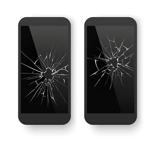 Broken mobile phone. Cracked smartphone screen. Smashed damaged display glass cell phone, telephone crack equipment. Repair black cellphone 3D realistic isolated vector concept