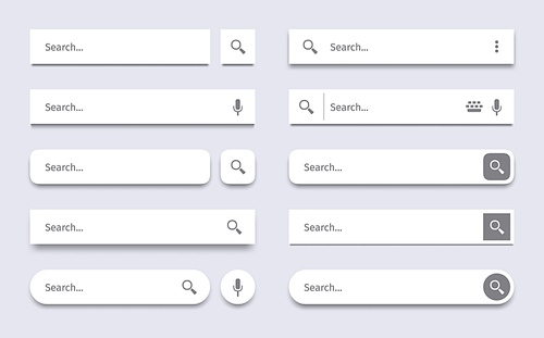 Search bar. Searching panel, website ui bars with shadows and quick search boxes template vector set. Search bar for web site interface, button panel illustration