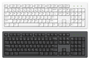 Keyboard. PC white and black key buttons with english qwerty alphabet realistic vector isolated template for device and desktop board. Light and dark abc buttons, equipment for typing on computer