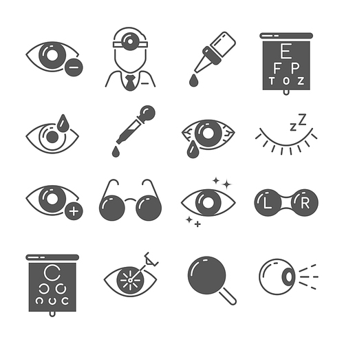 Optometry icons. Eye and glasses, vision and lens, laser surgery signs. Ophthalmology eyes treatment exam, surgery tools and ophthalmoscope medical concept vector isolated symbols set