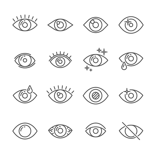 Black pictogram of eyesight or looking eye line icons. Eyeball, watch bright light and human eyes with ophthalmic lenses outline simple pictograms vector isolated icon collection on white background
