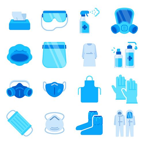 Ppe icons. Medical mask, sanitizer spray, disinfection bottle, gloves and antibacterial wipe. Covid personal protective equipment vector set. Illustration disinfection and sanitizing to, care