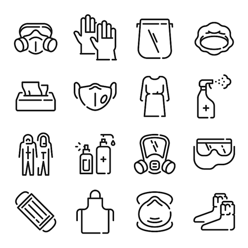 Ppe line icons. Medical covid-19 protection equipments. Outline doctor gown, face mask and shield, hair cover, apron and goggles. Vector set equipment to care and sanitizing illustration