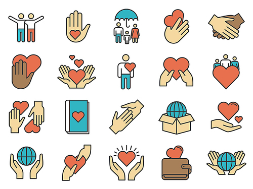 Friends icons. Love and friendship icon. Family protection and support, volunteer help, handshake and hand share heart, vector. Illustration support volunteer and foundation, cooperation humanitarian