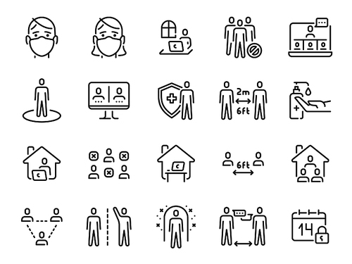 Social distance icons. Self quarantine, safe distancing and stay home line icon. Man and woman in mask. Coronavirus prevention vector set. Working at home, communicating via Internet