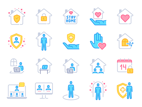Stay home icons. Pandemic quarantine, covid outbreak prevention and work from home colorful line icon. Safety under house roof vector set. House with protection shield, lock, stay healthy