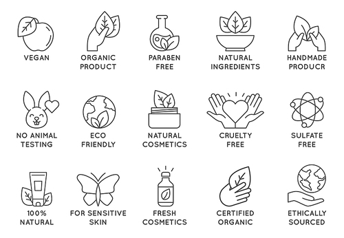 organic cosmetics icon.  friendly cruelty free line badges for beauty products and vegan food. no animal tested, natural icons vector set. for sensitive skin, ethically sourced collection