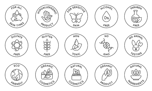 Eco cosmetics icon. Organic natural products alcohol, paraben and gluten free line icons for packaging. Round stamps and badges vector set. Non toxic, no animal testing, for all skin types