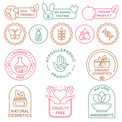 organic cosmetics badges. bio beauty products for skin, package seal logy, vegan, natural ingredient. eco food icon and label vector set. cruelty and paraben free cosmetology for care