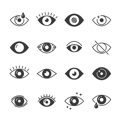 Eye icons. Human eyes, vision and view signs. Visible, sleep and medicine supervision observe, lens or cry, eyesight health outline silhouette vector isolated symbols set