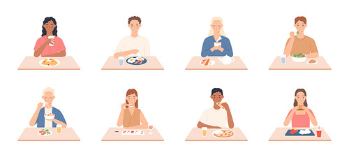 People eat. Men and women eating delicious meals, friends sit at table in restaurant, cafe and eat different tasty vector set. Woman and man eating food, delicious lunch or dinner illustration
