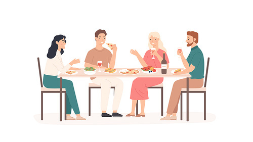 Friends eating. Fun and smiling people at table in restaurant, cafe or home drink beverage, eat tasty dishes friendly hangout vector concept. Illustration restaurant people talking meeting