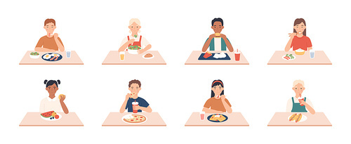 Kids eat. Boys, girls group eating meals and drinks at table, enjoying breakfast, lunch children vector character. Dinner sitting people, breakfast enjoying fast food and other meal illustration