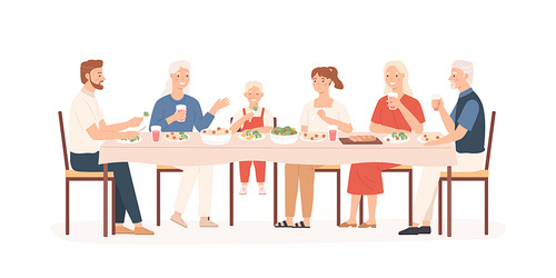 Family dinner. Grandparents, parents and kids sitting at holiday table, happy people eating delicious food, vector concept. Illustration mother and father with big family have dinner