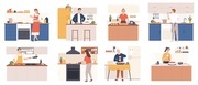 People cooking at home. Men and women preparing food in kitchen interior. Characters bake, fry and boil meal. Cartoon culinary vector set. Making dishes as salad, soup, chicken, cookies