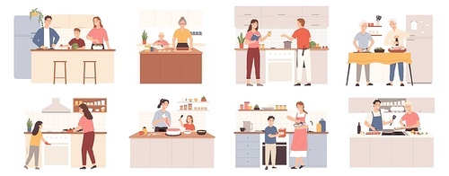 Family cooking at home. Parents, grandparents and kids preparing food for dinner, bake cookies and cake. Mom and child at kitchen vector set. Illustration family home cooking together