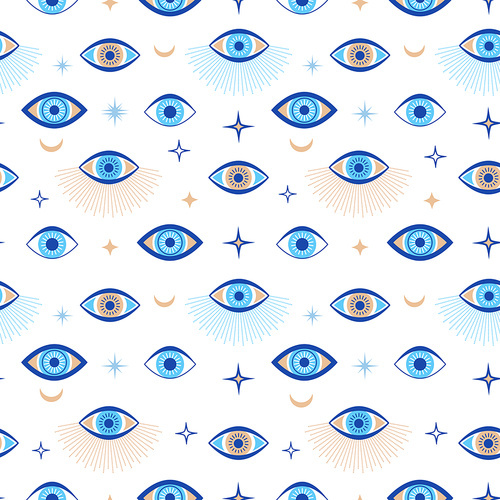 Evil eye seamless pattern. Magic talisman and occult symbol. Greek ethnic blue, white and golden third eyes. Flat vector abstract wallpaper. Talisman eye amulet seamless wallpaper illustration