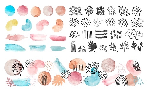 Watercolor shapes, lines and patterns. Abstract art splashes and brush strokes. Trendy paint texture, dots and leaf vector set. Illustration watercolor  contemporary, graphic stroke and form