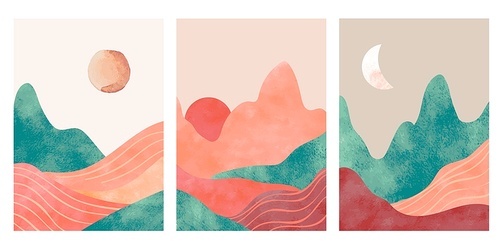 Abstract mountains. Aesthetic minimalist landscape with desert, mountain an sun or moon. Watercolor and paper textured , vector posters. Illustration mountain landscape, travel art minimal scene