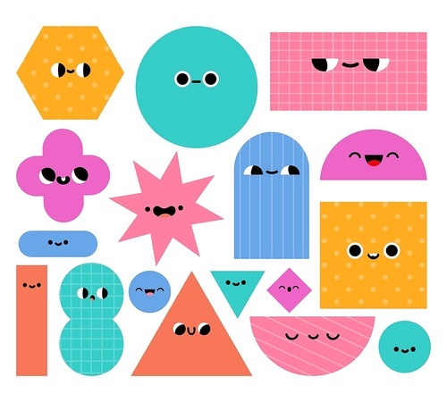 Geometric shapes characters. Basic abstract geometry figures with cartoon faces. Trendy educational objects for preschool kids vector set. Circle, rectangle, triangle and rhombus elements