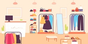 Fashion store. Clothing retail shop for women with dresses, shoes and bags. Boutique room with counter and clothes on shelf, vector interior. Shop retail boutique, store with clothing illustration