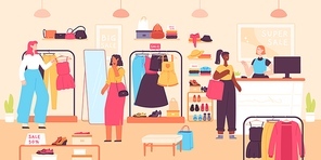 Women buying in boutique. Fashion clothes shop discount, vendor and shopping female consumers. Dress sales in apparel store vector concept. Illustration shop with consumer, buyer shopping