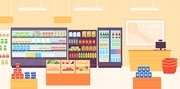 Grocery shop interior. Supermarket with food product shelves, racks with dairy, fruits, fridge with drinks and cashier. Store vector concept. Illustration shelf shop interior, supermarket product rack