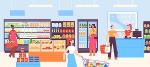 People in supermarket. Grocery shop interior with cashier and customers with carts and basket buying food. Cartoon mall store vector concept. Illustration cashier and people buying