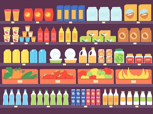 Supermarket shelves with food products. Grocery store shelf with assortment, pasta, diary, flour, fruits and drinks. Market vector concept. Illustration store assortment food, market grocery shop