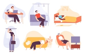 Sleepy people. Tired, lazy and sleeping man and woman at home, in bed, in transport, office worker. Bored and burnout adults flat vector set. Male and female characters going to work, watching TV