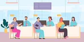Clients in bank. Customer service counter with people and finance managers. Bank office room with worker. Credit request flat vector concept. Employee providing help to man and woman
