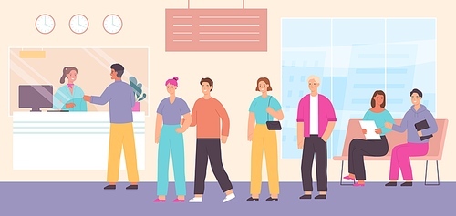 Queue to bank cashier. Customers wait in line to cash desk with clerk in bank office interior. Payment or financial withdraw vector concept. Queue waiting to bank cashier illustration