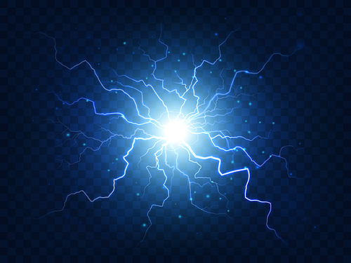 Electric power explosion with electrical flash, sparks and blue lightnings. Sphere lightning energy discharge isolated on dark transparent . Vector illustration