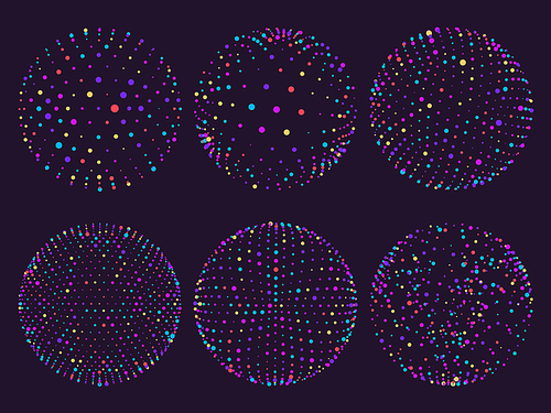 Science colorful atom spheres of blue purple red yellow cyan elements, dots orbs or particles orbit. Geometry digital 3d grid sphere for futuristic chart vector illustration on purple background