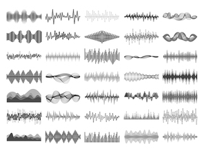 Sound wave and music digital equalizer panel. Soundwave amplitude form radio frequency musical sonic beat pulse and voice visualization vibration waves vector isolated icon illustration collection