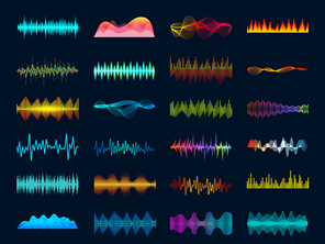 Audio waveform signals, wave song equalizer, stereo recorder sound visualization. Soundtrack signal spectrum and studio melody beat vector frequency meter concept on dark background