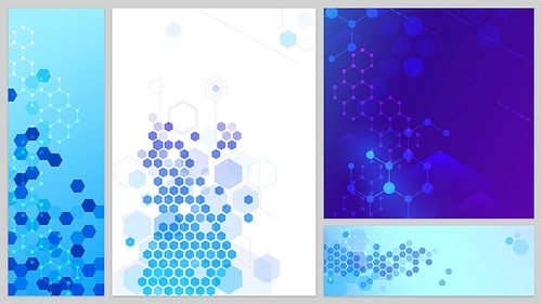 Molecular structure banners set. Connecting lines and dots, hexagons abstract tech background. Science network, medical design for website. Futuristic geometric molecular cells vector illustration